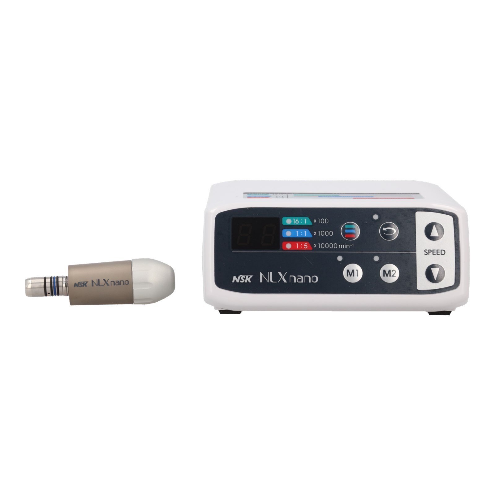 Unidade de controle do NLX Nano ao lado do micromotor brushless NSK desacoplado
