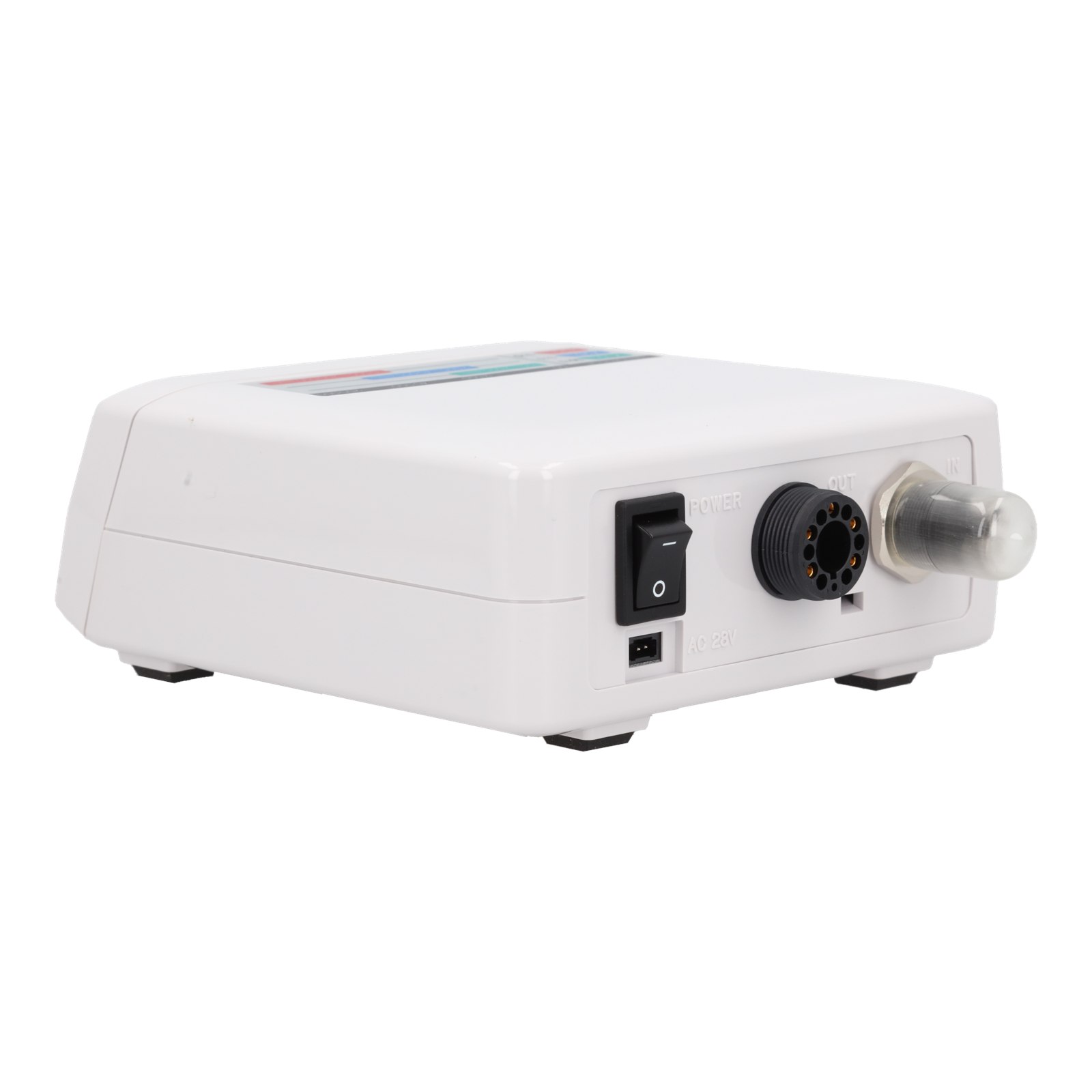 Traseira da unidade de controle do NLX Nano, com chave POWER, conector OUT e entrada do micromotor