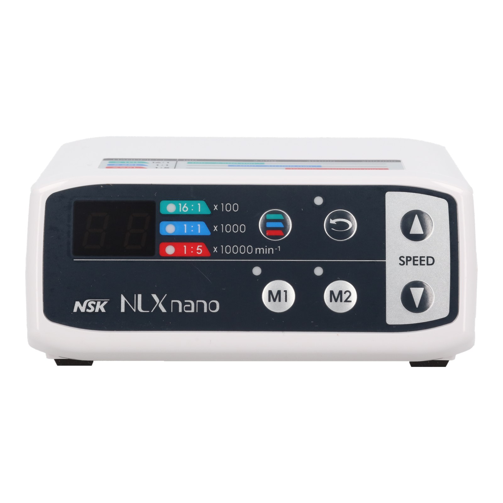 Unidade de controle do NLX Nano vista de frente, com display, botões M1, M2 e controle de SPEED