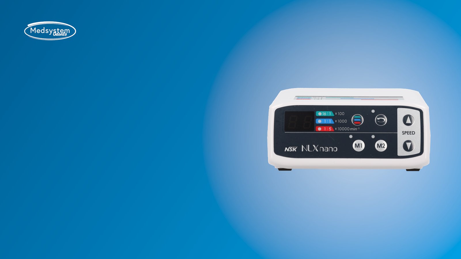Micromotor NLX Nano da NSK sobre fundo azul da Medsystem Odonto